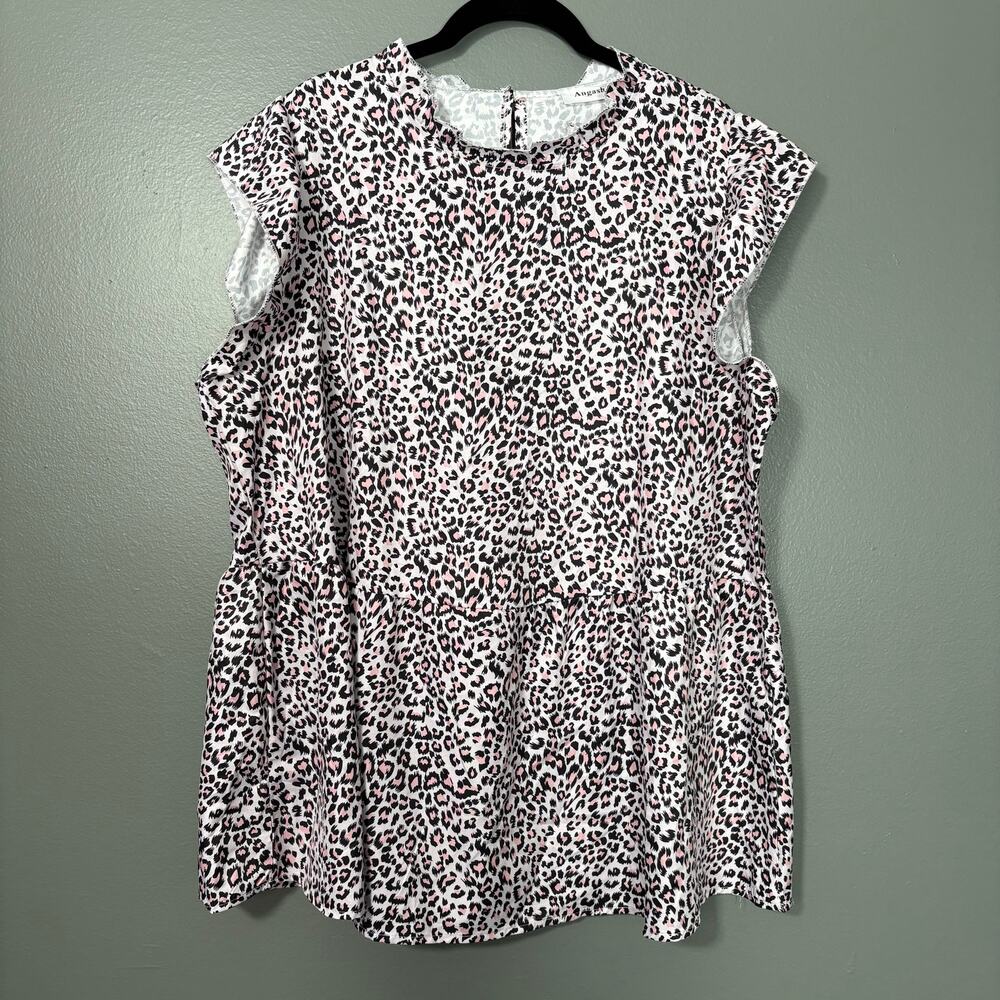 Angashion Pink Leopard Print Ruffle Cap Sleeve Top - XXL - Women's Plus Size